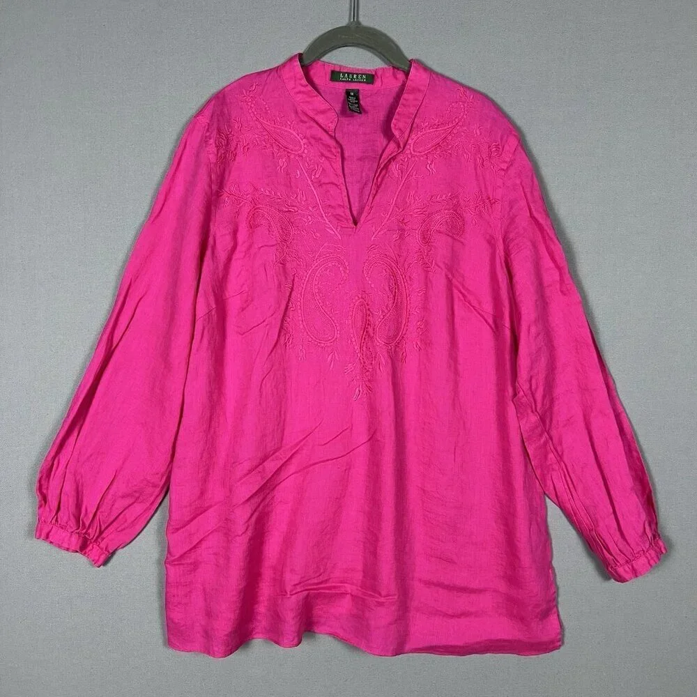 Ralph Lauren LRL 100% LINEN Tunic EMBROIDERED Women's Size 1X Long Sleeve Shirt - Picture 2 of 12